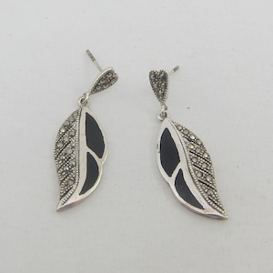 Art Deco Style Sterling Silver Marcasite Black Enamel Leaves Stud Dangle Earrings