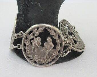 Wide Sterling Silver Cut Out Story Teller Round Links Bracelet