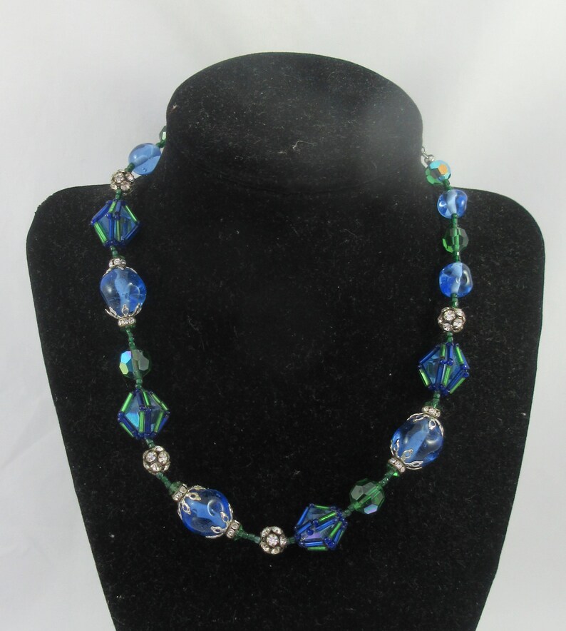 Blue Beaded Glass Green Crystals Rhinestone Necklace /& Matching Clip On Earrings Sale Vendome Demi Parure