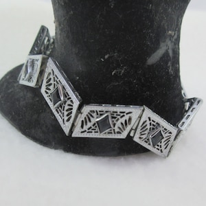 Art Deco Rhodium Filigree Blue Rhinestone Bangle Bracelet- No Clasp- Small Wrist