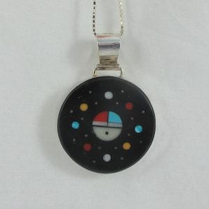 Large Southwestern Sterling Silver Inlay Round Double Sided Pendant- As it is w. Sterling Chain
