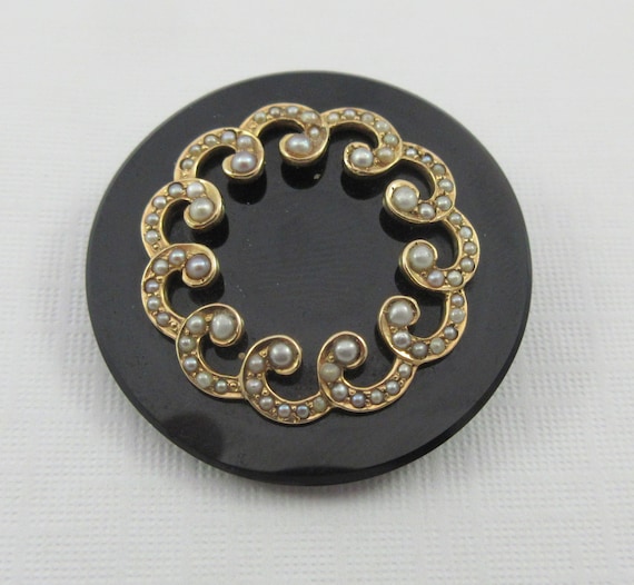 Antique Victorian Onyx Seed Pearls Mourning Round… - image 1