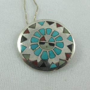 Southwestern Sterling Silver Turquoise Inlay Pendant w. Sterling Chain