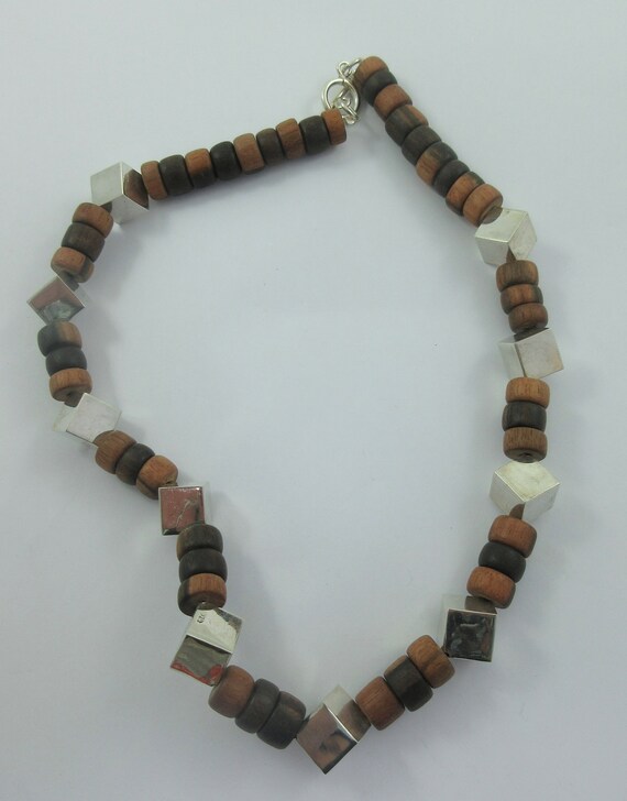 Modernist Wood Beads Sterling Silver Cubes Choker… - image 6