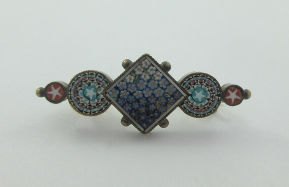 Antique Victorian Mosaic Blue Floral Diamond Broo… - image 4