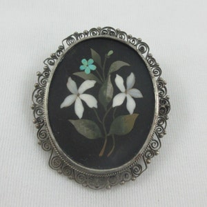 Large 800 Silver Floral Pietra Dura Mosaic Filigree Brooch- As it is