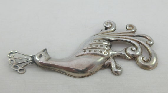 Large Sterling Silver Repousse Peacock Brooch - image 4