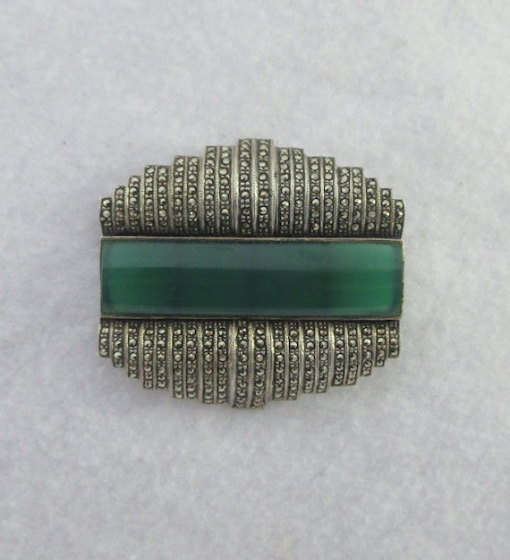 Large Art Deco Sterling Silver Chrysoprase Marcas… - image 1