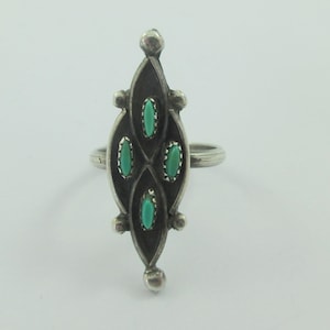 Long Sterling Silver Petit Point Turquoise Floral Ring- size 4