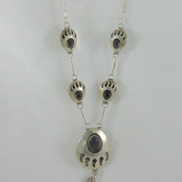 Southwestern Sterling Silver Onyx Bear Claw Dangle Feather Necklace
