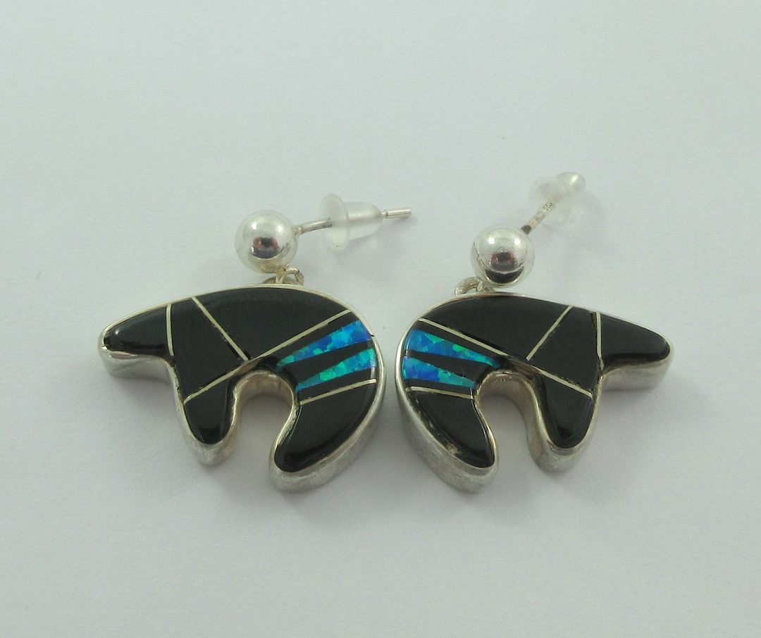 Calvin Begay Sterling Silver Onyx Opal Inlay Bear Fetish Stud