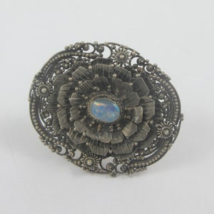 Very Detailed Art Deco Sterling Silver Blue Opal/Blue Glass Floral Brooch - C clasp- As it is
