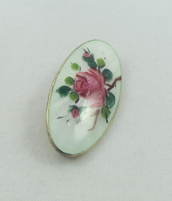 Signed OPRO Norway Hand Painted Oval Floral  Guilloche Enamel Gilt Sterling Silver Brooch Pin View 4
