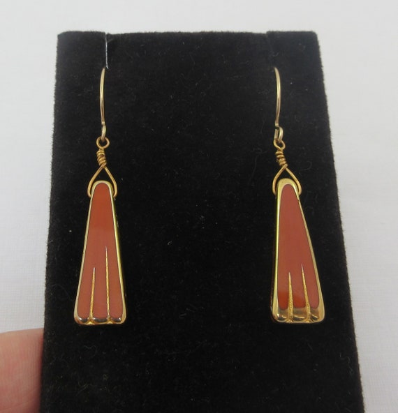 Long 10k Yellow Gold Red Glass Dangle Earrings - image 1