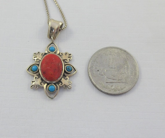 Sterling Silver Dyed Faux Coral Turquoise Floral … - image 2