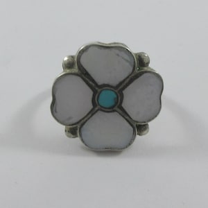 Southwestern Sterling Silver Mother of Pearl Turquoise Inlay Dogwood Ring- size 7.25- AS IT IS