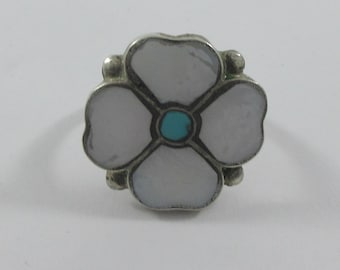 Southwestern Sterling Silver Mother of Pearl Turquoise Inlay Dogwood Ring- size 7.25- AS IT IS