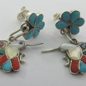 Southwestern Sterling Silver Bird Hummingbird Multi Inlay Stud Dangle Earrings- As it is