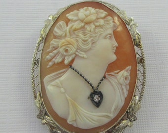Antique 14k Yellow Gold Filigree Leaves Cameo Brooch or Pendant w. Diamond