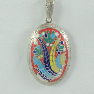 Sterling Silver Enameled Etched Double Sided Oval Locket Pendant- As it is w. Sterling Chain