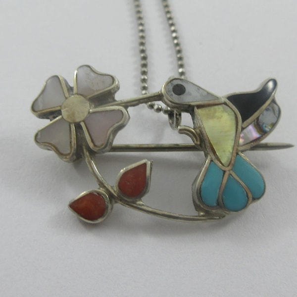 Small Native American Sterling Silver Multi Stone Inlay Bird Brooch or Pendant w. Sterling Chain