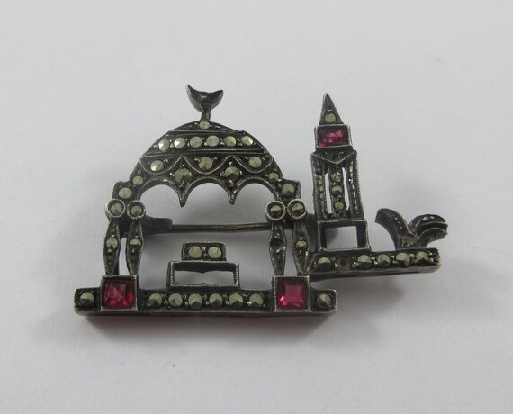 Sterling Silver Marcasite Red Glass Mosque Brooch - image 5