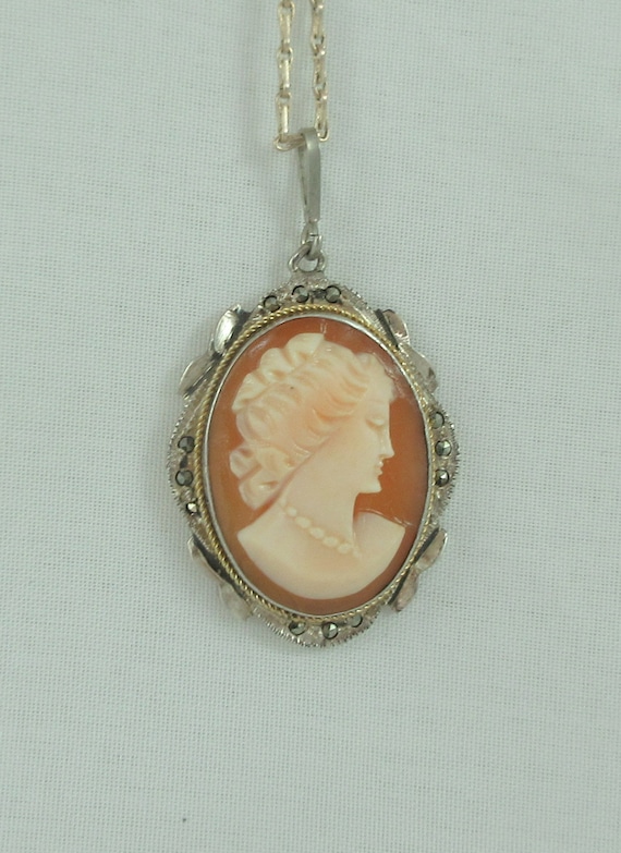 800 Sterling Silver Marcasite Shell Cameo Pendant 
