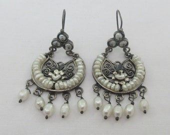 Oaxaca Style Sterling Silver Floral Filigree Cultured Pearls Dangle Earrings