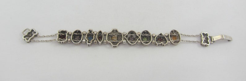 Summer SALE Sterling Silver Multi Gem 9 Charms Slide Victorian Revival Style Bracelet