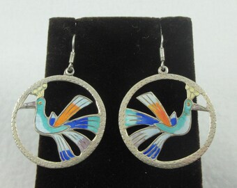 Early Large Laurel Burch Sterling Silver Enameled Birds Dangle Earrings