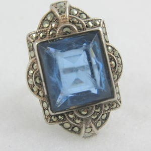 Signed UNCAS Art Deco Sterling Silver Marcasite Blue Glass Ring- Size 5.5
