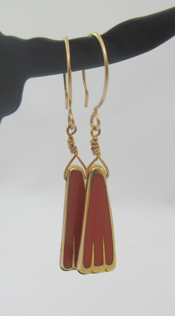 Long 10k Yellow Gold Red Glass Dangle Earrings - image 3