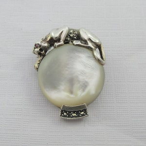 Art Deco Style Sterling Silver Marcasite Mother of Pearl Panther w. Ruby Eye Brooch