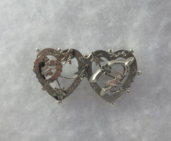 Antique Victorian Sterling Silver Double Heart Fl… - image 5