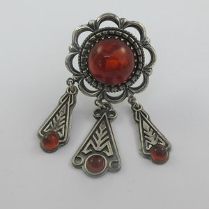Sterling Silver Amber Norwegian Solje Round Open Dangle Floral  Brooch or Pendant