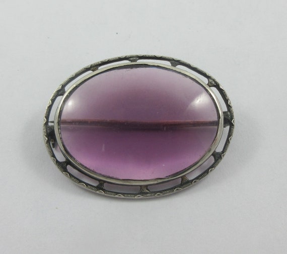 Art Deco Sterling Silver Purple Glass Open Brooch - image 3