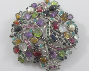Large Silver Tone Multi Stone Amethyst Peridot Citrine Cultured Pearl Brooch or Pendant