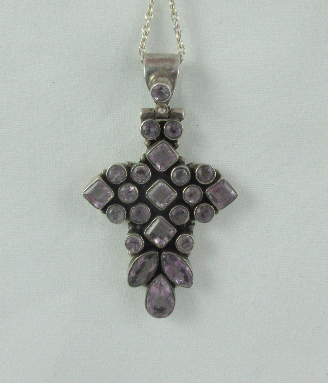Pendentif Croix En Argent 925 - Diopside Vert Et Améthyste - Fait Main - Neuf Sans Emballage