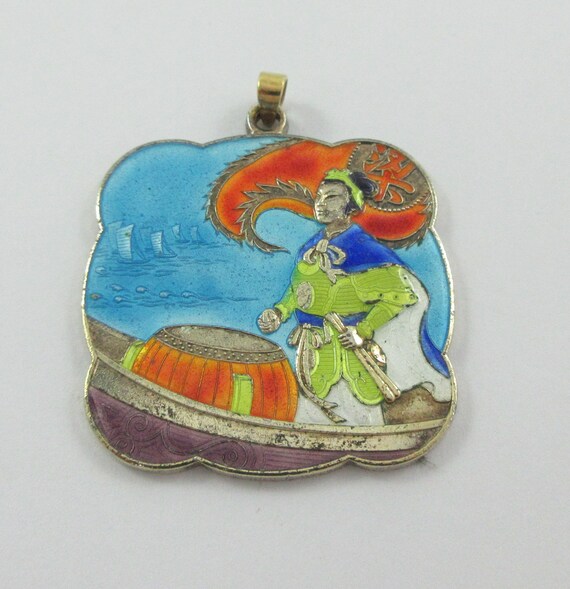 Mid Century Asian Silver Tone Enameled Figure Pen… - image 3