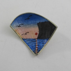 Ivar T Holth Norway Gold over Sterling Silver Enamel Landscape Scene Brooch Pin- AS IT IS