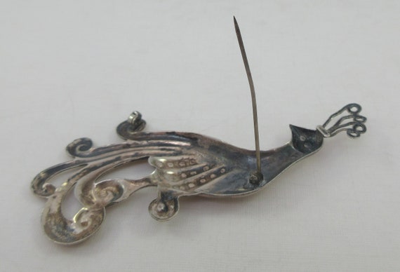 Large Sterling Silver Repousse Peacock Brooch - image 6