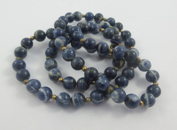 Sodalite Blue Stone Gold Tone Beads Necklace w. S… - image 1