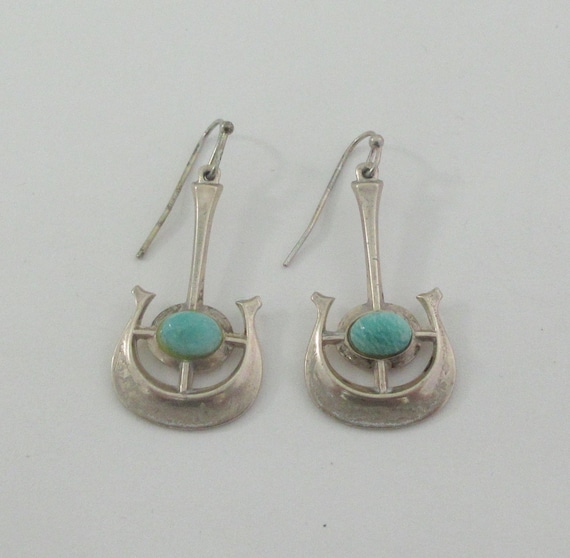 Modernist Norway David Andersen Sterling Silver Blue Glass Dange Earrings