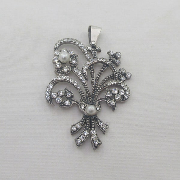 Grand pendentif bouquet floral en argent sterling avec fausses perles et strass transparents