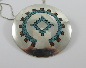 Southwestern Sterling Silver Round Mosaic Turquoise Coral Pendant w. Sterling Chain