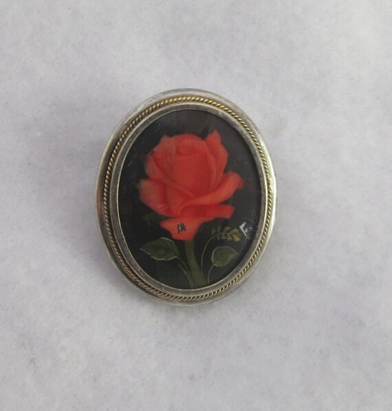 800  Silver Hand Painted Red Rose Oval Pendant or… - image 3