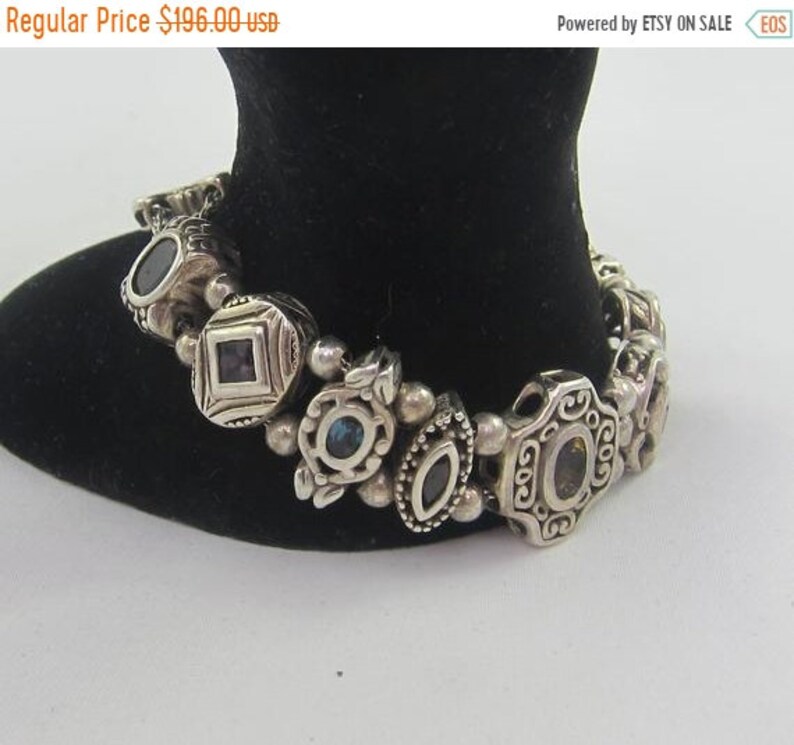 Summer SALE Sterling Silver Multi Gem 9 Charms Slide Victorian Revival Style Bracelet