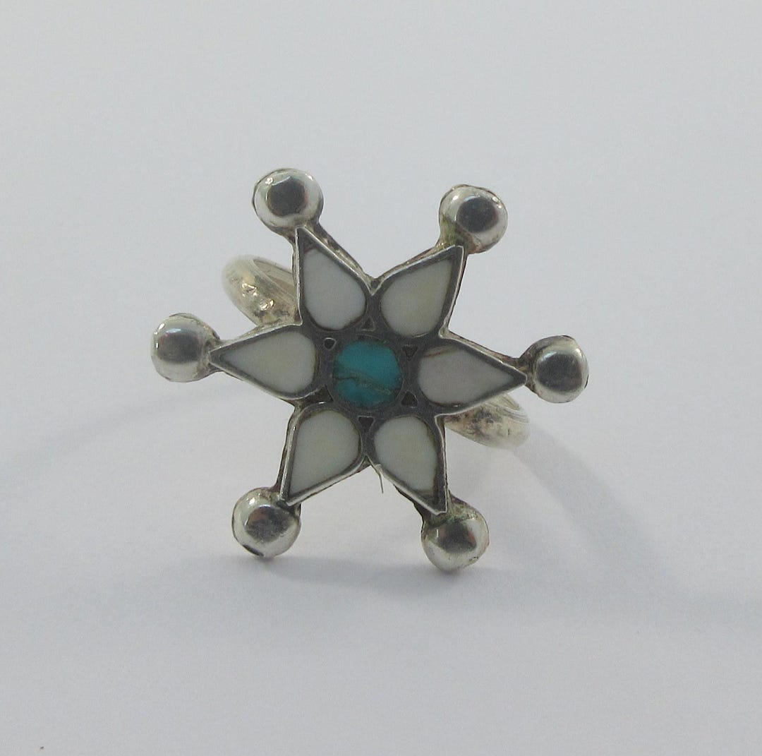 Native American Sterling Silver Mother of Pearl Turquoise Inlay Floral ...