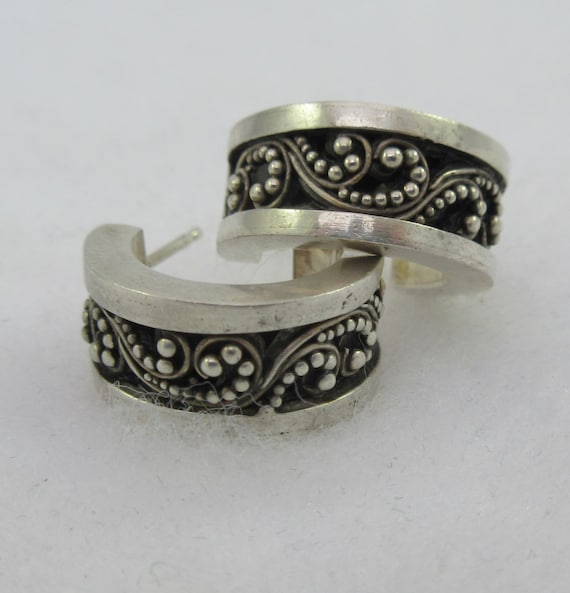 Signed Lois Hill Sterling Silver Ornate Hoop Studs - image 1
