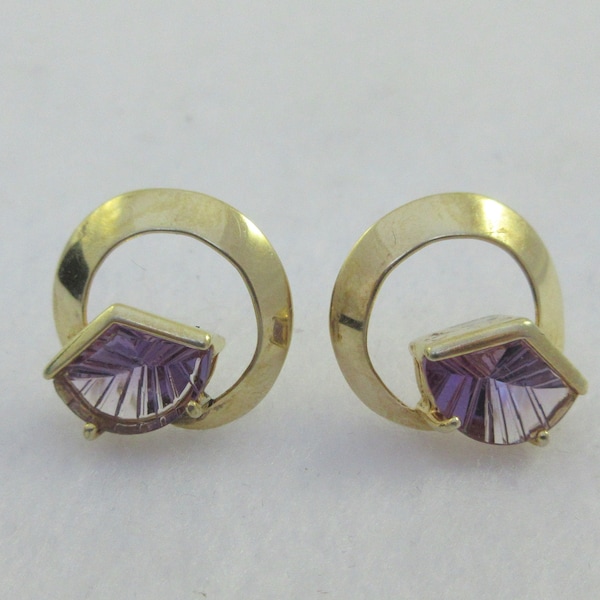 Navajo Thomas Tso Open Modernist Gold over Sterling Silver Amethyst Stud Earrings-as it is